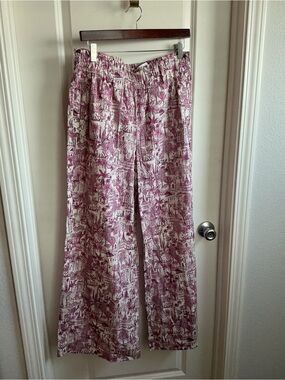 Tahari Pink and White Toile-Print Elastic Waist Pants